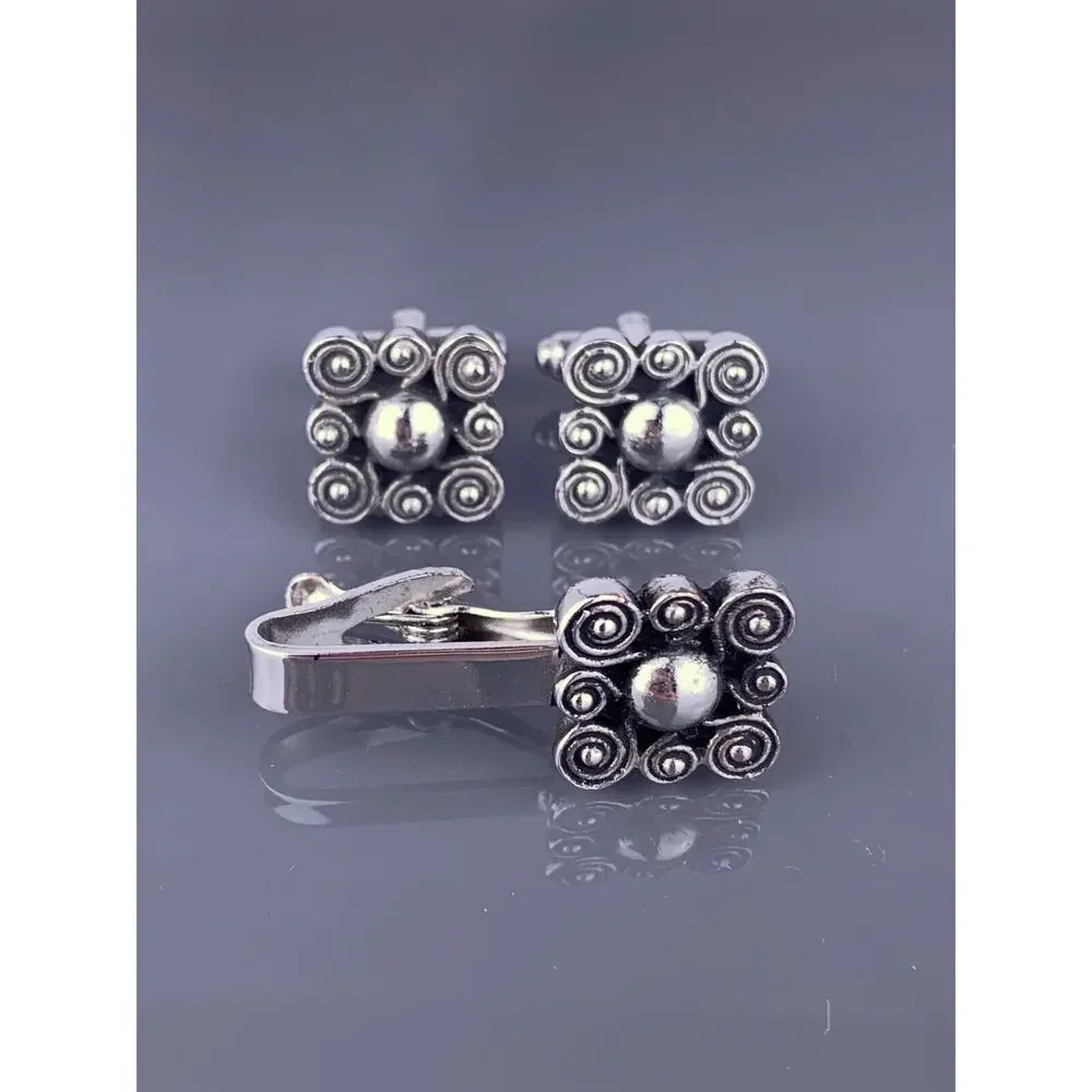 Swirl Spiral Silver Tone Cufflinks Tie Pin Square Scrolls Swoops Vintage